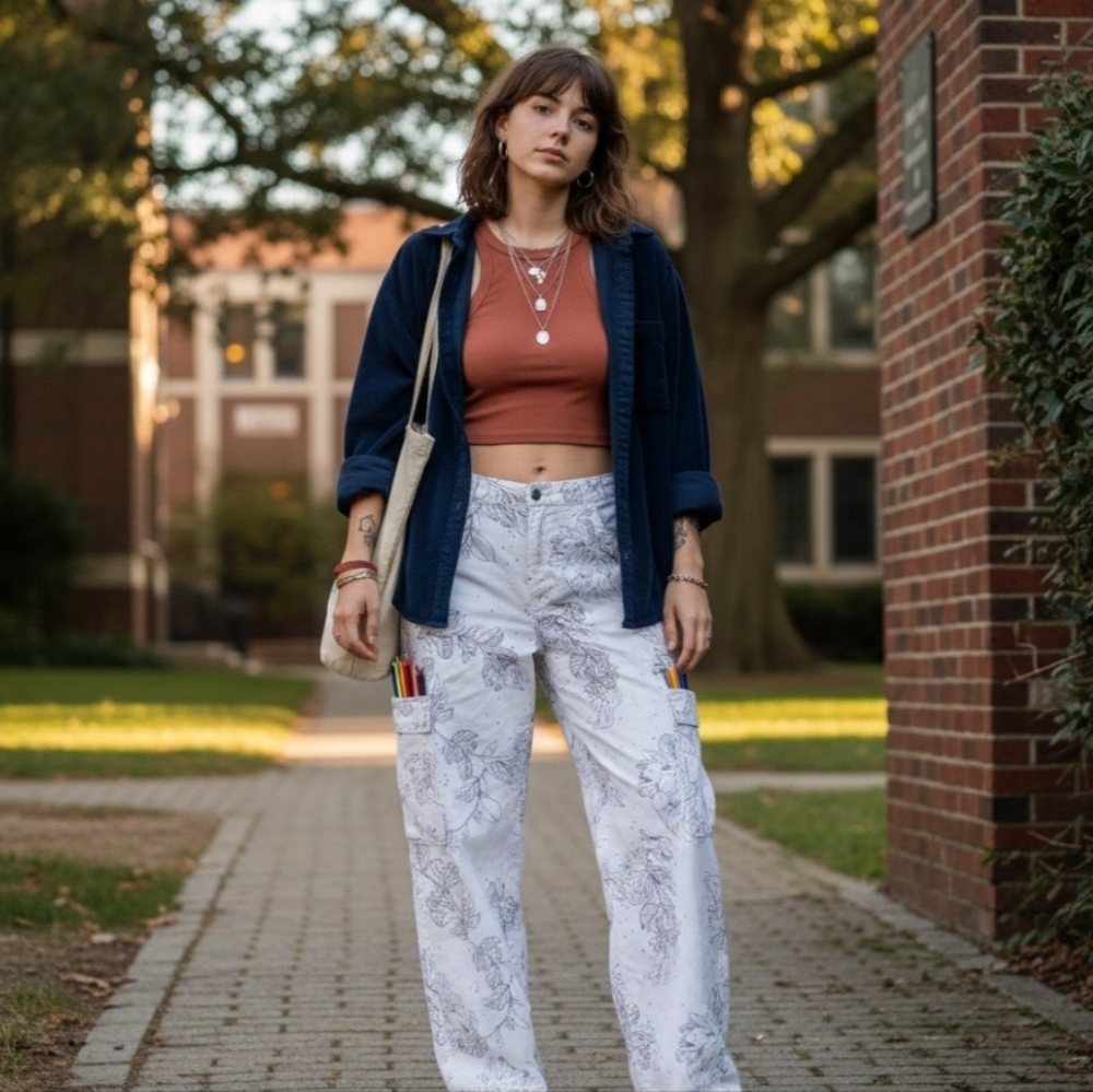 The Kit White Cotton Wide Leg Cargo Botanical Paint-By-Number Pants Sz 26
